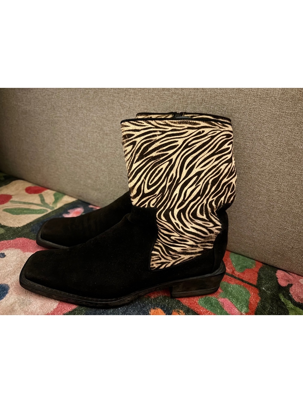 Stuart Weitzman Black Suede and Zebra Print Leather Ankle Boots Size 9B
